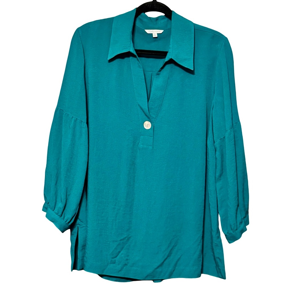 John Mark Lagenlook Teal Blue 3/4 Sleeve Collared V-Neck Blouse Top Large